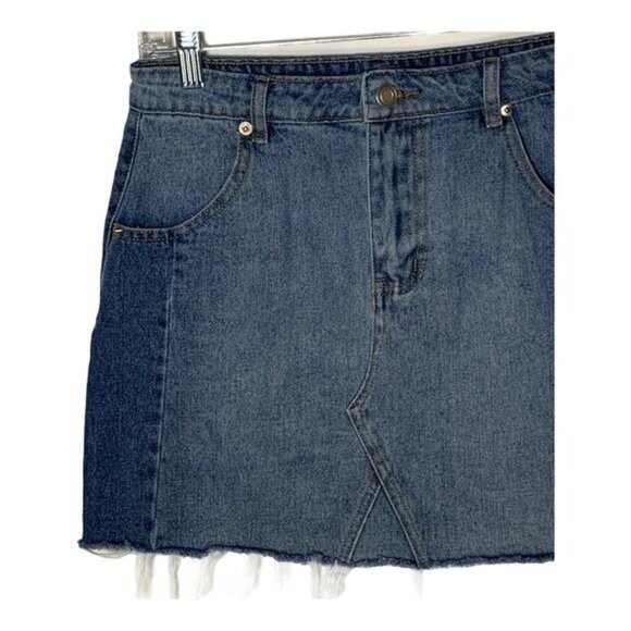Altar’d State Denim Mini Skirt S Raw Hem Distressed Blue Jean Casual - Picture 3 of 6